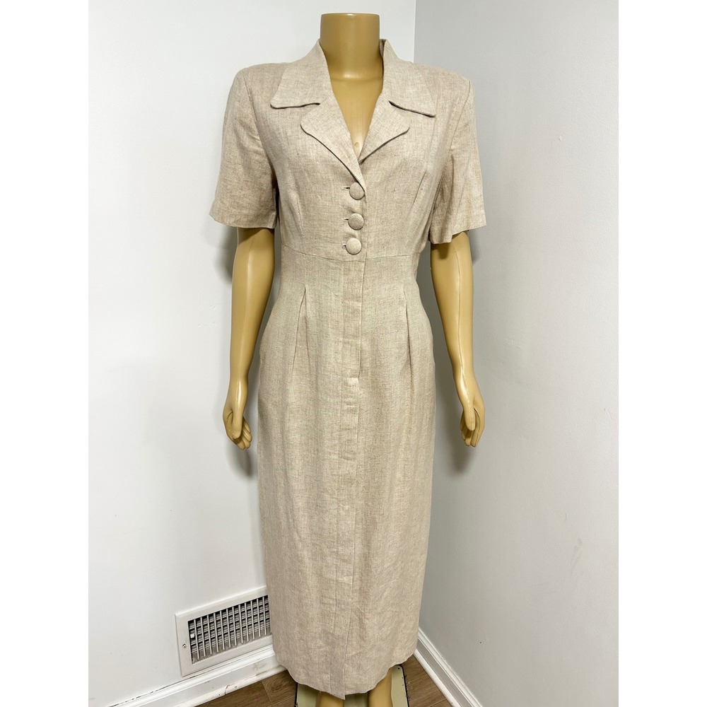 Misty Lane Vintage Linen Blend Maxi Dress Oatmeal Beige Short Sleeve Size 10 USA
